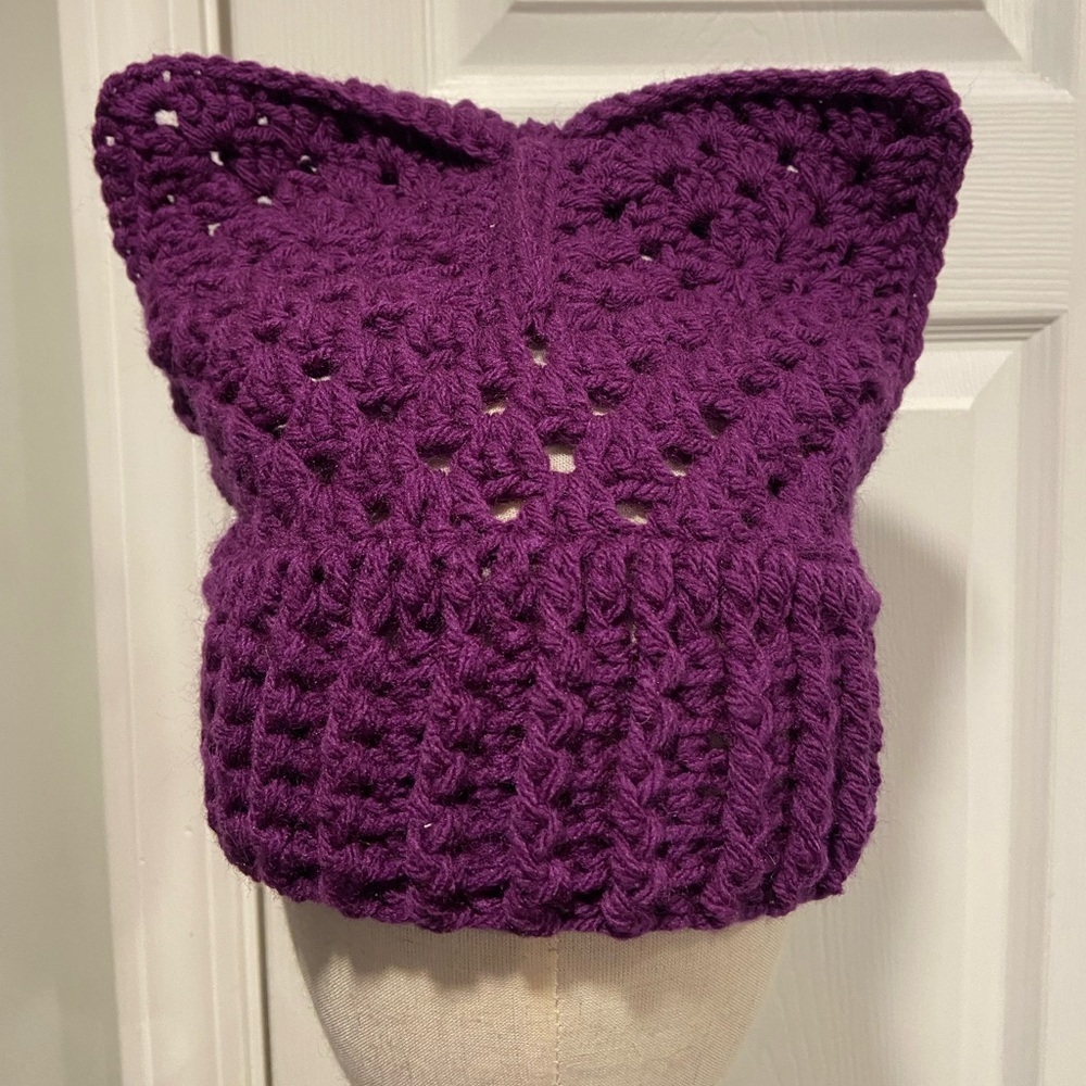 Handmade Crochet Cat Animal Ear Beanie Hat Cozy Ribbed Brim Stretch Winter Hat